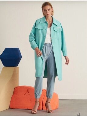 Aqua Long Trench Coat with Front Flap Pockets